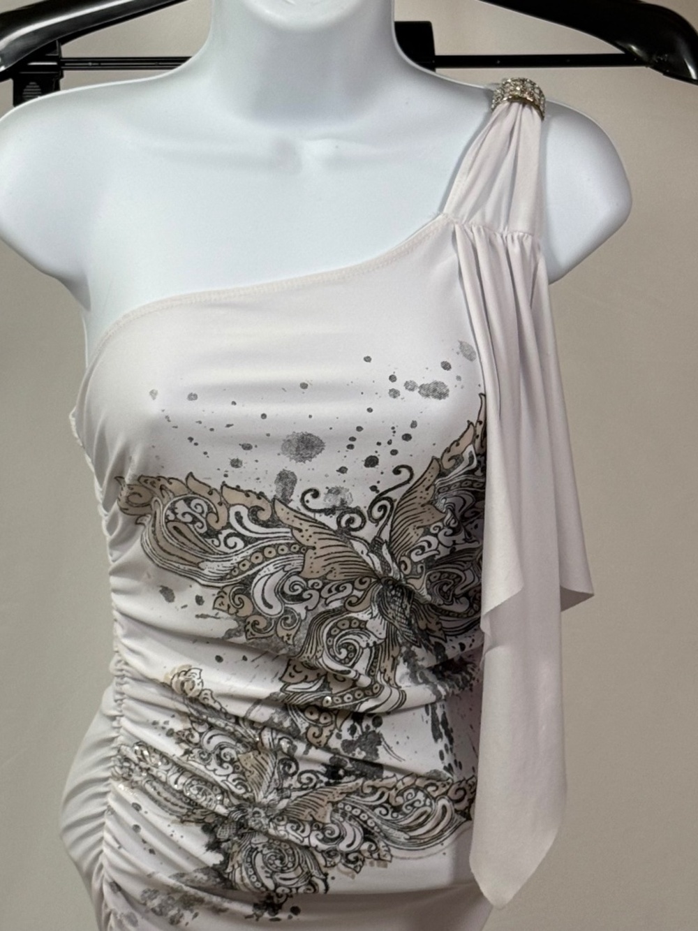 DeMore White One Shoulder Ruched Rhinestone Dress M